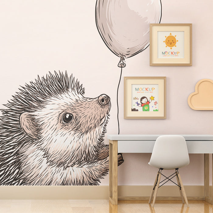 Papel de parede quarto bebê | Bonito ouriço segurando um balão em um fundo suave