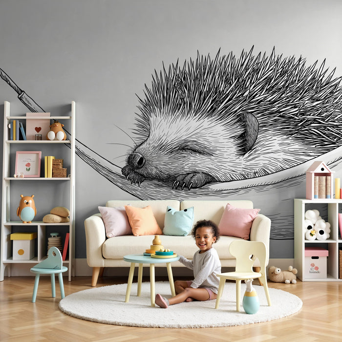 Papel pintado infantil | Erizo tranquilo en su hamaca
