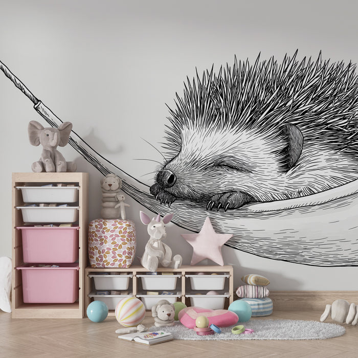 Papel pintado infantil | Erizo tranquilo en su hamaca