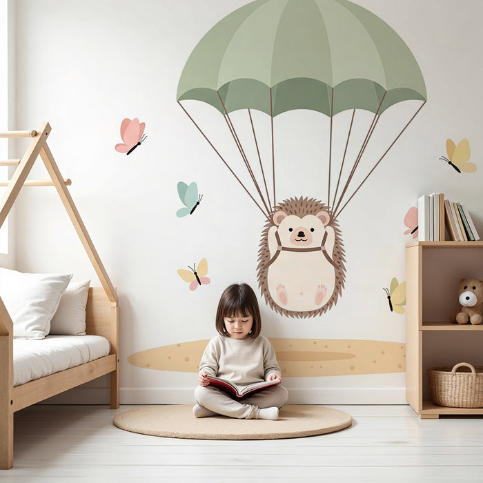Papier peint chambre bébé | Hérisson parachutiste avec des papillons