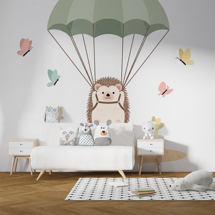 Papier peint chambre bébé | Hérisson parachutiste avec des papillons