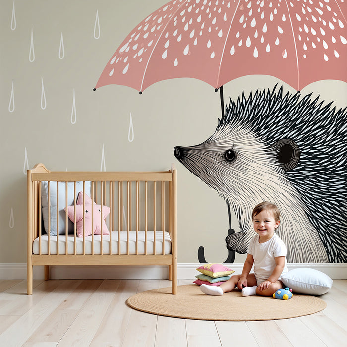 Lastenhuoneen tapetti | Siili sateenvarjon alla sateen saattelemana