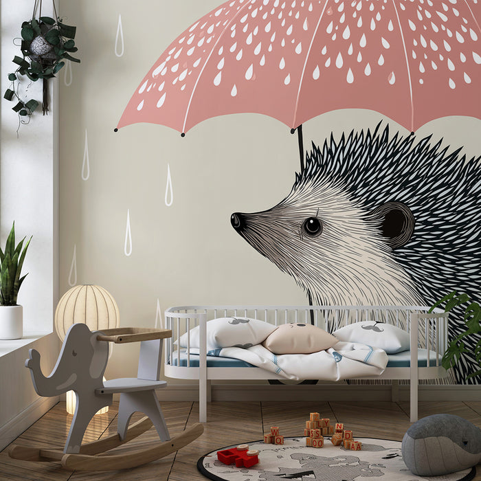 Lastenhuoneen tapetti | Siili sateenvarjon alla sateen saattelemana