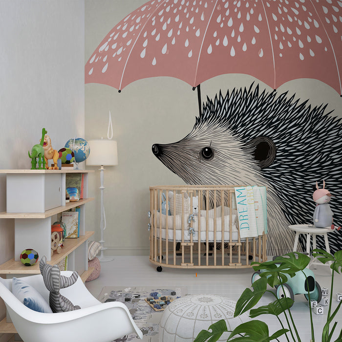 Lastenhuoneen tapetti | Siili sateenvarjon alla sateen saattelemana