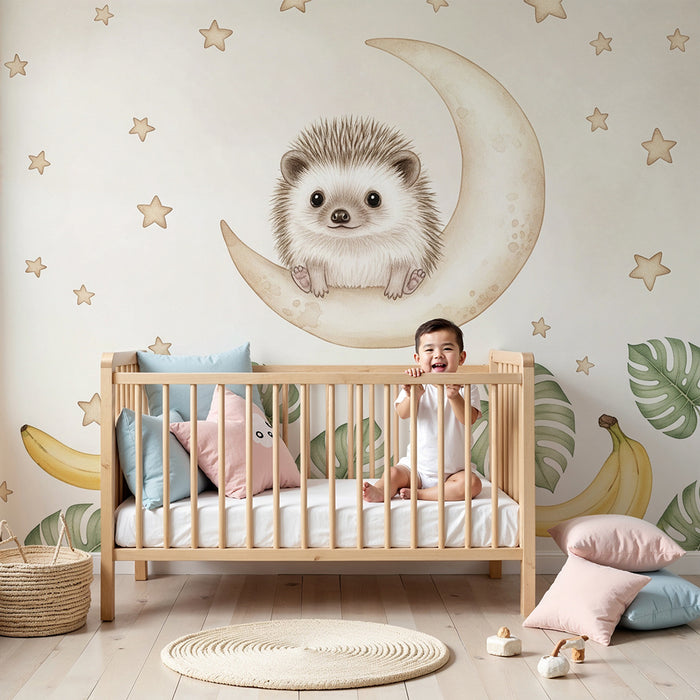 Nursery room wallpaper | Hedgehog on the moon and bananas