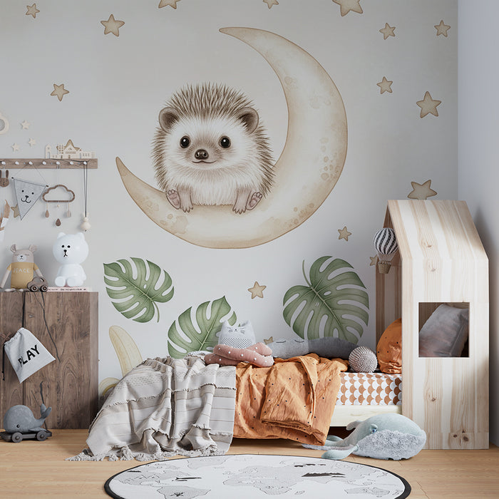 Nursery room wallpaper | Hedgehog on the moon and bananas