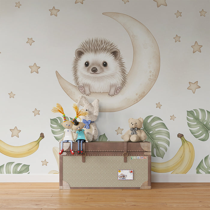 Nursery room wallpaper | Hedgehog on the moon and bananas