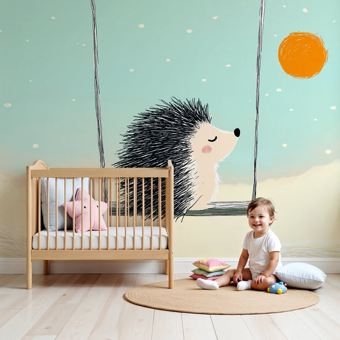Papier peint chambre bébé | Hérisson sur une balançoire
