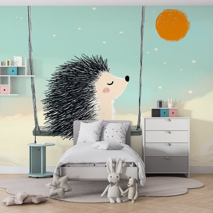 Papier peint chambre bébé | Hérisson sur une balançoire