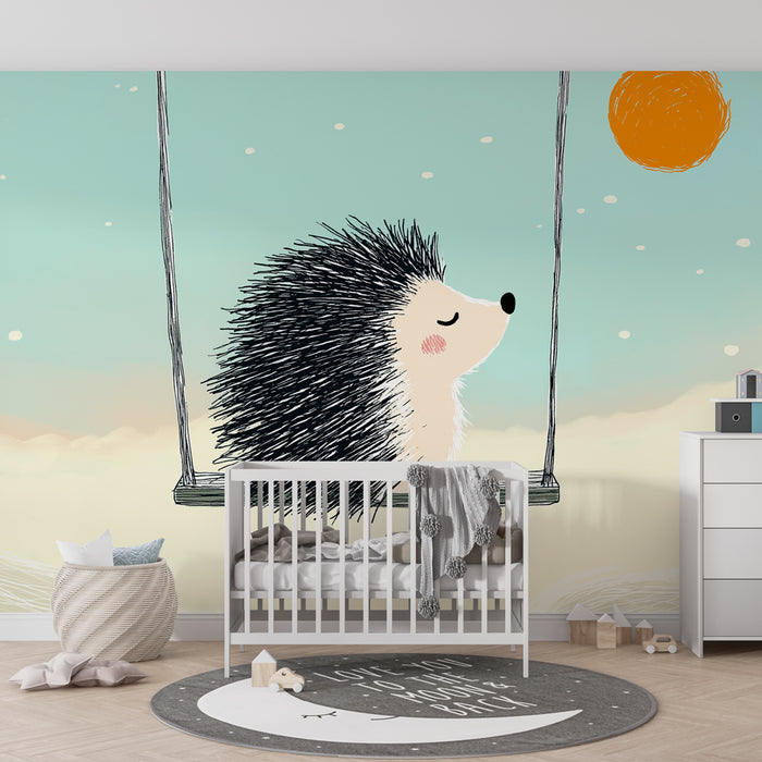 Papier peint chambre bébé | Hérisson sur une balançoire