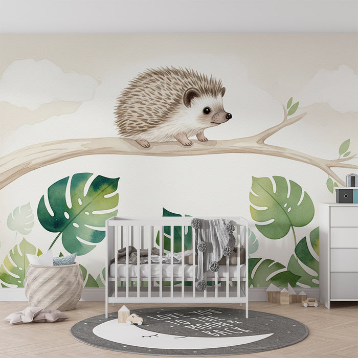 Papel de parede quarto bebê | Ёж на клон сред тропически листа