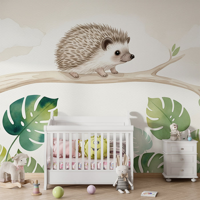 Papel de parede quarto bebê | Ёж на клон сред тропически листа