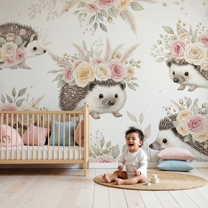 Lastenhuoneen tapetti | Söpöt siilit kukkakruunuilla