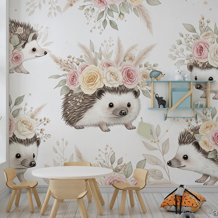 Lastenhuoneen tapetti | Söpöt siilit kukkakruunuilla