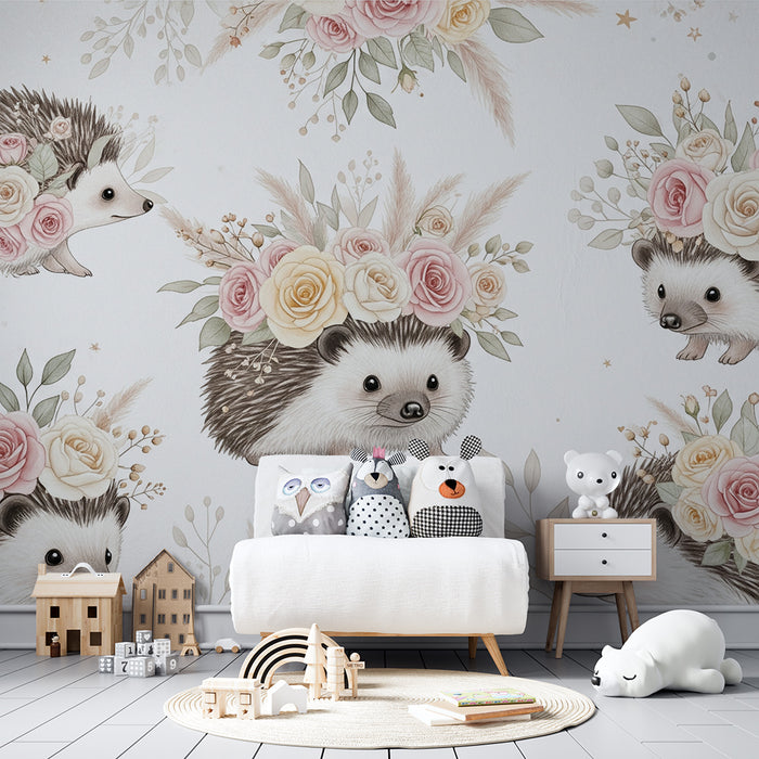 Lastenhuoneen tapetti | Söpöt siilit kukkakruunuilla