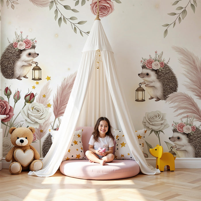 Babyzimmer Tapete | Niedliche Igel mit Blumen und Laternen