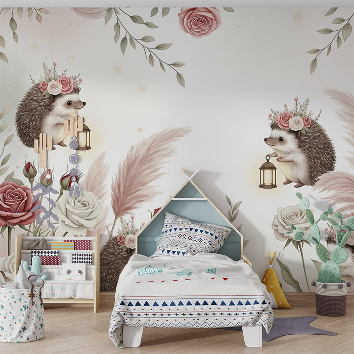 Babyzimmer Tapete | Niedliche Igel mit Blumen und Laternen