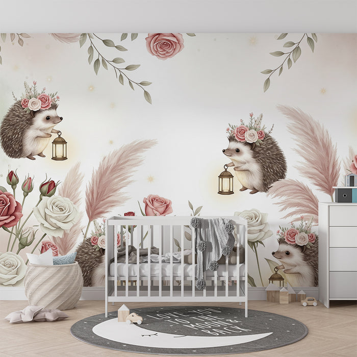 Babyzimmer Tapete | Niedliche Igel mit Blumen und Laternen