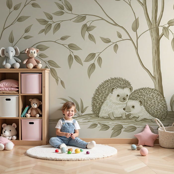 Papel de parede para quarto de bebé | Ouriços adoráveis num cenário natural