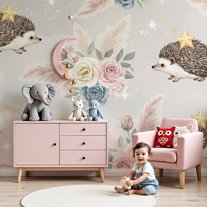 Lastenhuoneen tapetti | Suloiset siilit ja herkät kukat pehmeällä taustalla