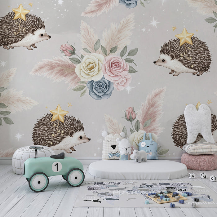Lastenhuoneen tapetti | Suloiset siilit ja herkät kukat pehmeällä taustalla