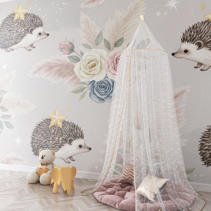 Lastenhuoneen tapetti | Suloiset siilit ja herkät kukat pehmeällä taustalla