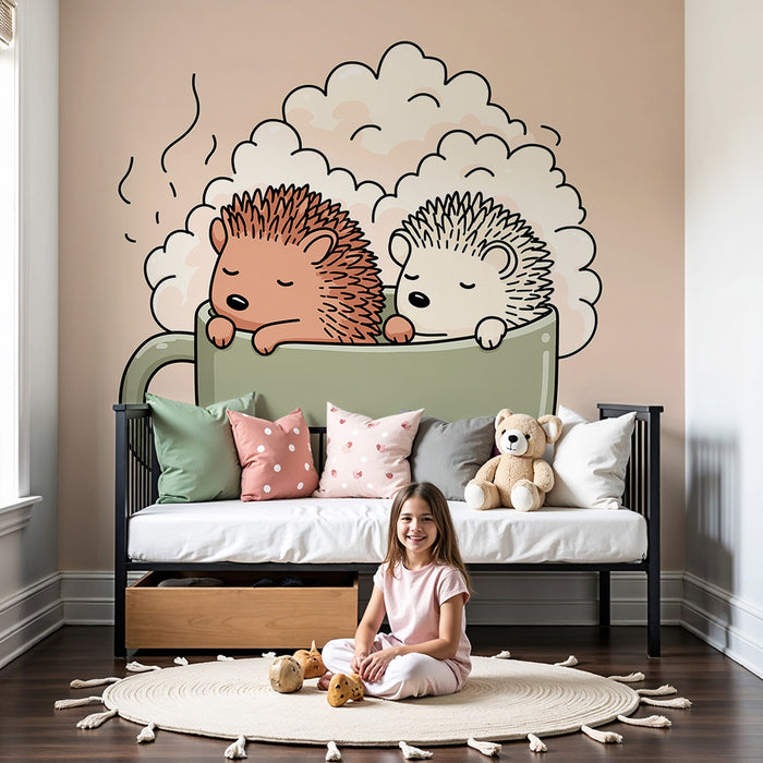 Nursery room wallpaper | Sleeping hedgehogs in a cozy cup
