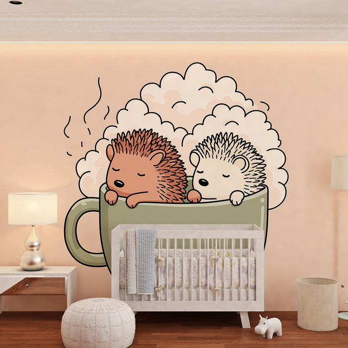 Nursery room wallpaper | Sleeping hedgehogs in a cozy cup