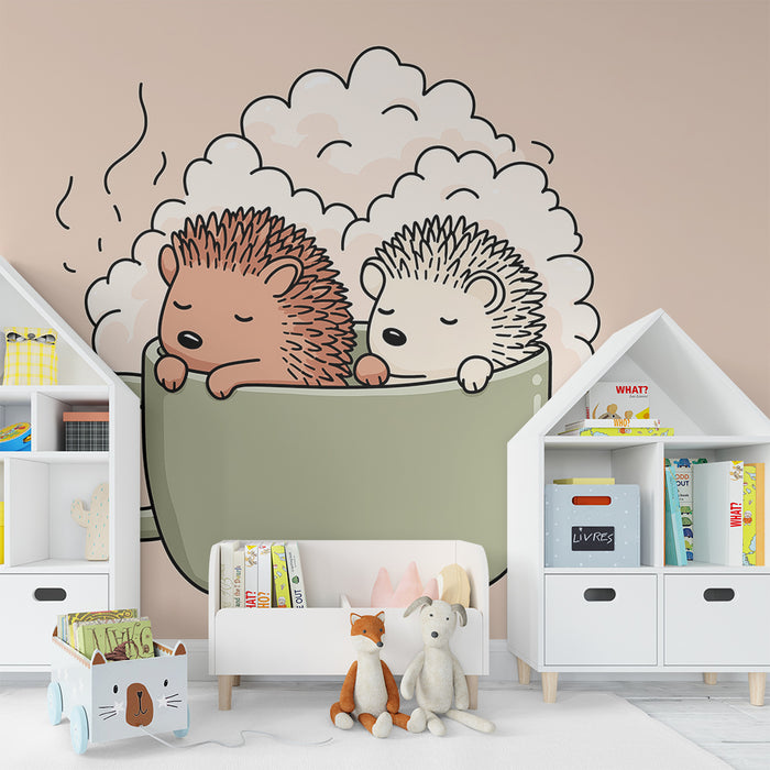 Nursery room wallpaper | Sleeping hedgehogs in a cozy cup