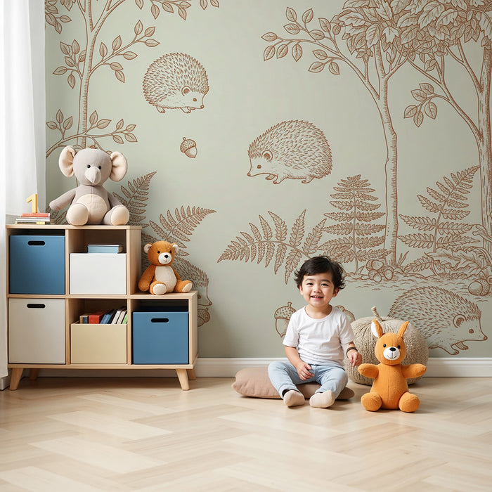 Papel de parede para quarto de bebé | Ouriços brincalhões numa floresta tranquila