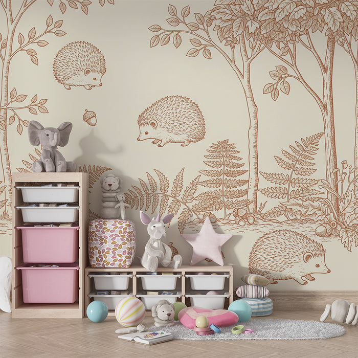 Papel de parede para quarto de bebé | Ouriços brincalhões numa floresta tranquila