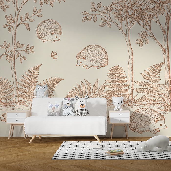 Papel de parede para quarto de bebé | Ouriços brincalhões numa floresta tranquila