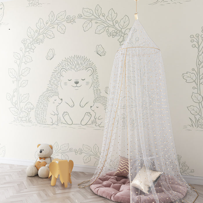 Papel de parede para quarto de bebé | Ouriços e animais da floresta num cenário tranquilo