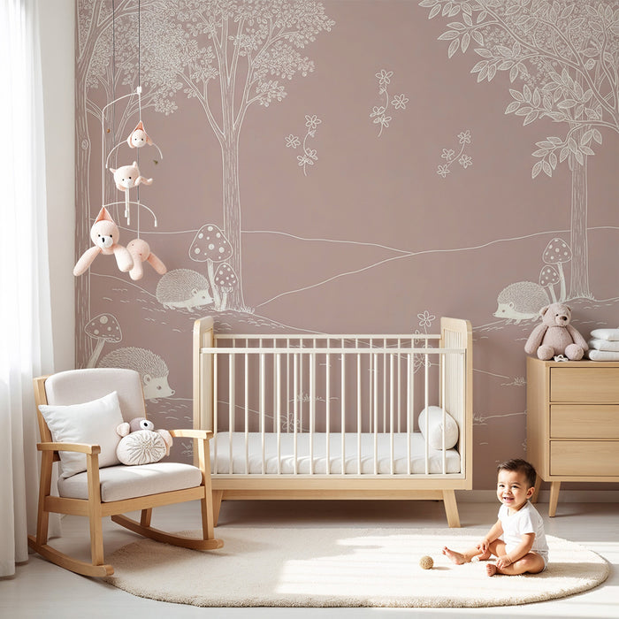 Papel de parede quarto de bebé | Ouriços e cogumelos numa floresta suave