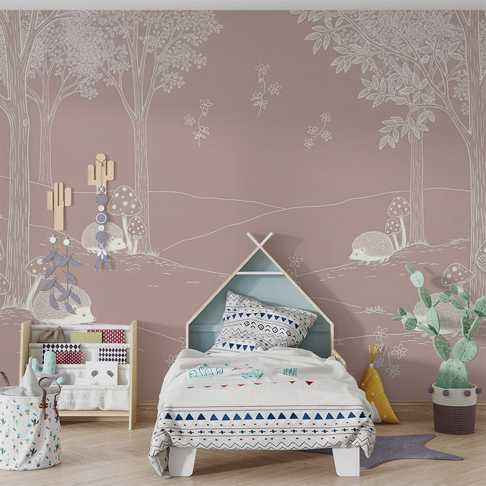 Papel de parede quarto de bebé | Ouriços e cogumelos numa floresta suave