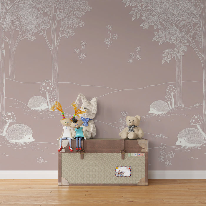 Papel de parede quarto de bebé | Ouriços e cogumelos numa floresta suave