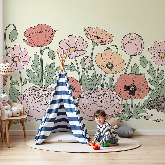 Papel pintado infantil | Erizos y flores suaves