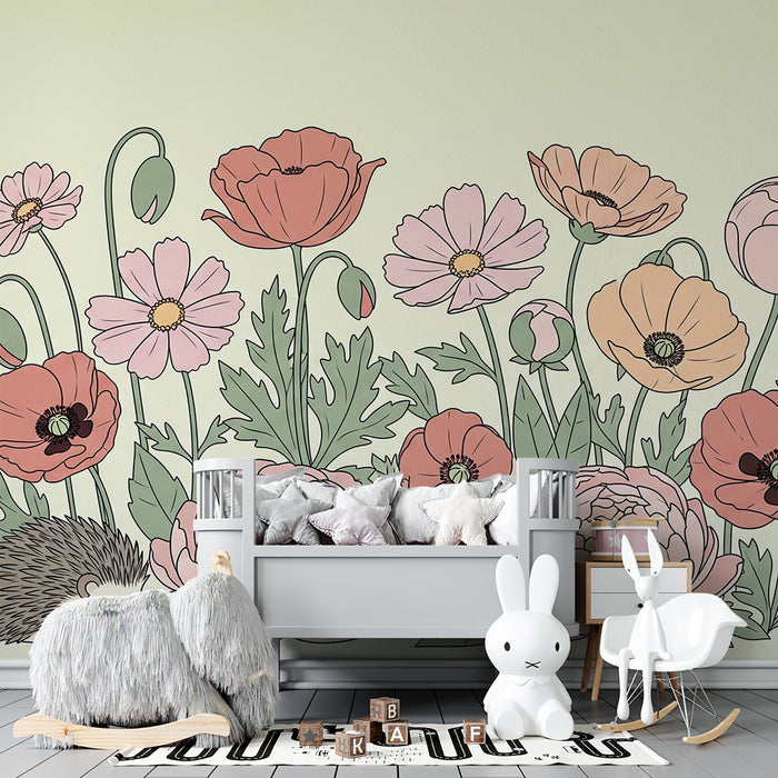 Papel pintado infantil | Erizos y flores suaves