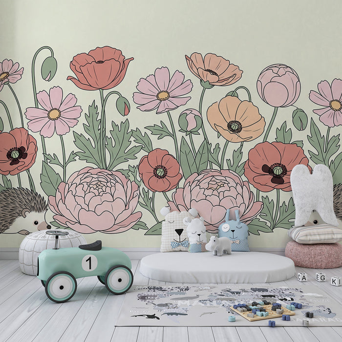 Papel pintado infantil | Erizos y flores suaves