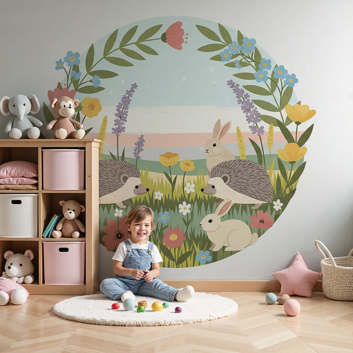 Barntapet | Igelkottar och kaniner i en blomstrande trädgård