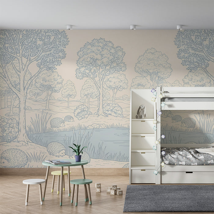 Papel de parede para quarto de bebé | Ouriços e natureza tranquila à volta de um lago