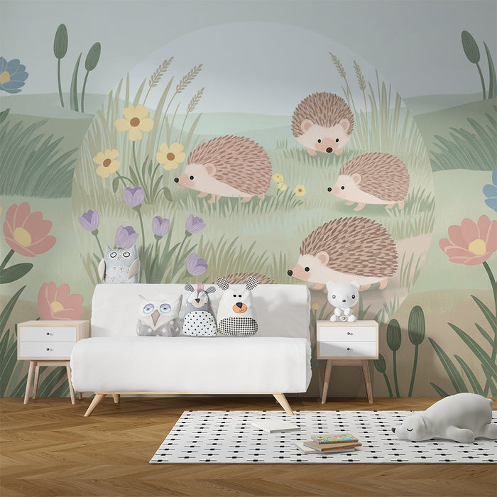 Barntapet | Söta igelkottar i en blomstrande äng