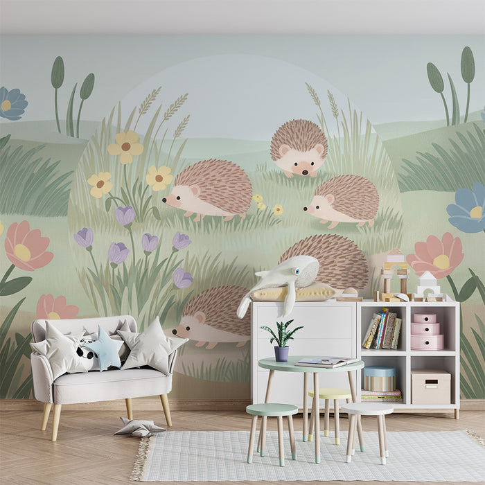 Barntapet | Söta igelkottar i en blomstrande äng