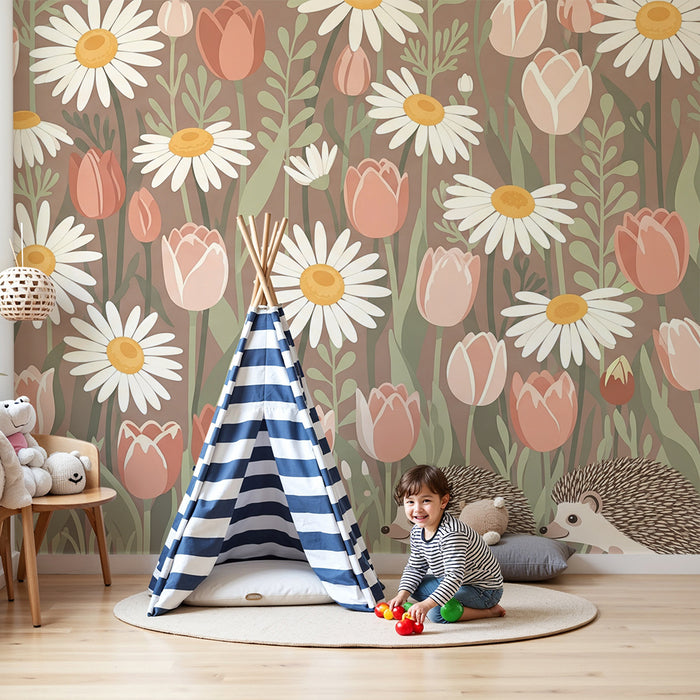 Lastenhuoneen tapetti | Söpöt siilit värikkäiden kukkien keskellä