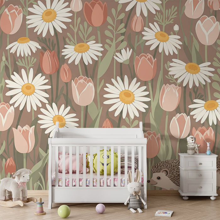 Lastenhuoneen tapetti | Söpöt siilit värikkäiden kukkien keskellä