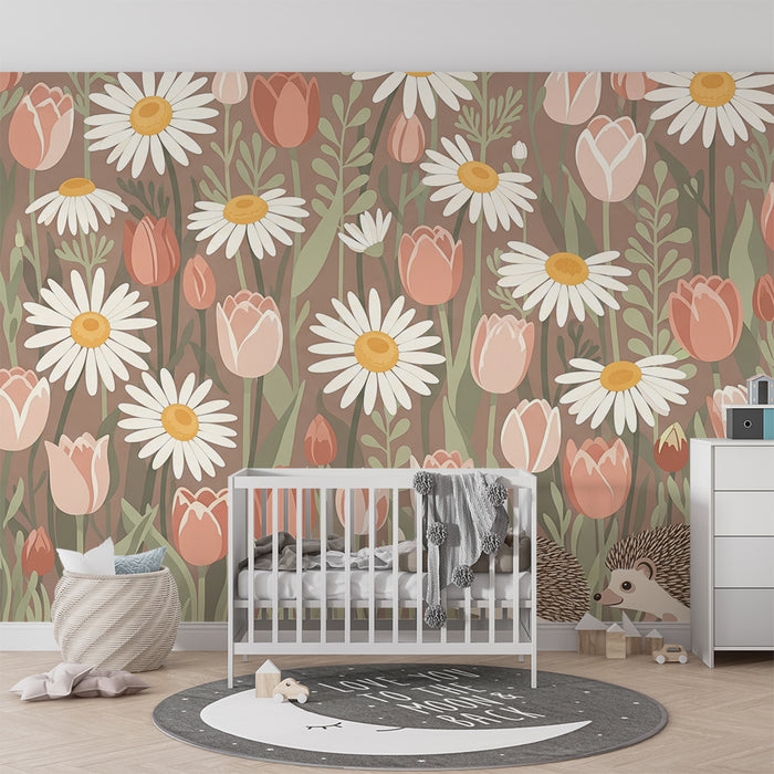 Lastenhuoneen tapetti | Söpöt siilit värikkäiden kukkien keskellä
