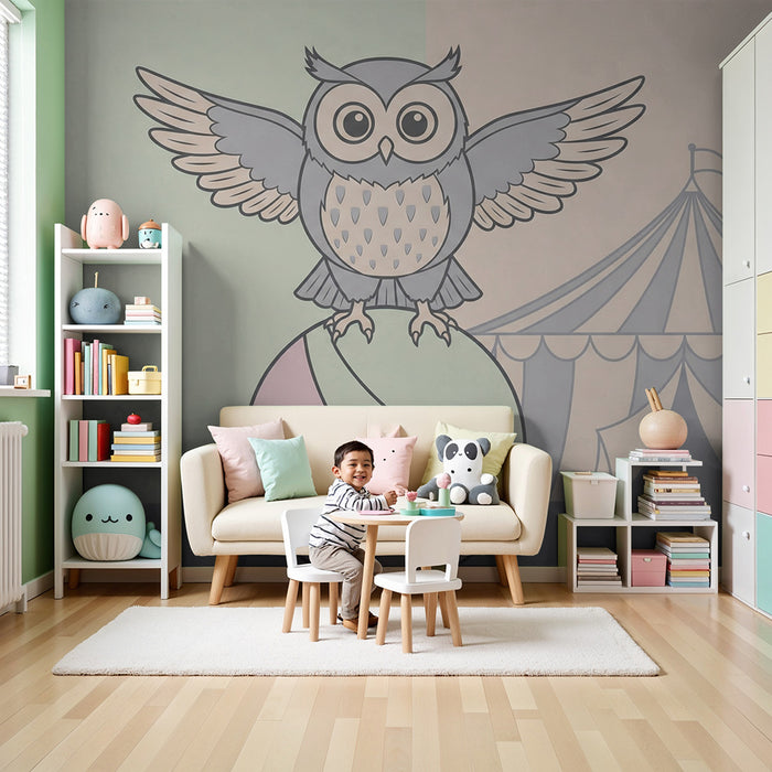 Nursery room wallpaper | Acrobatic owl and circus tent