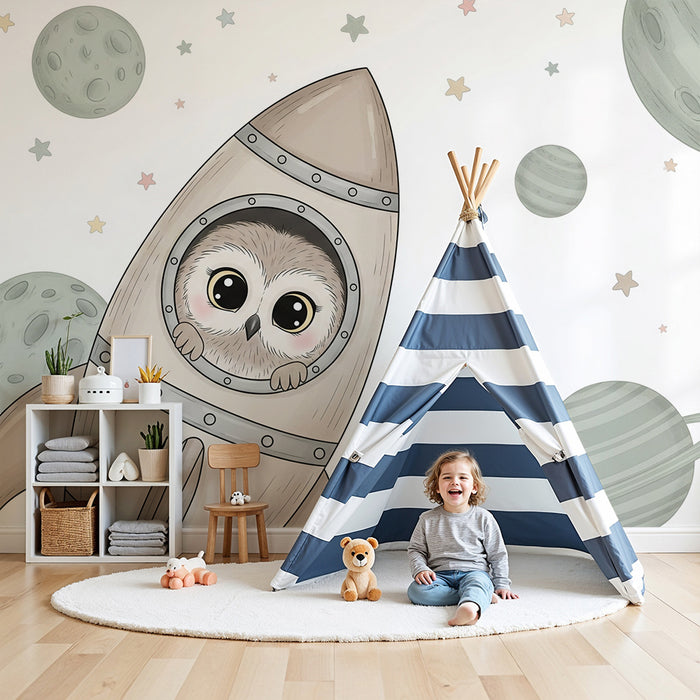 Nursery room wallpaper | Astronaut owl and starry universe
