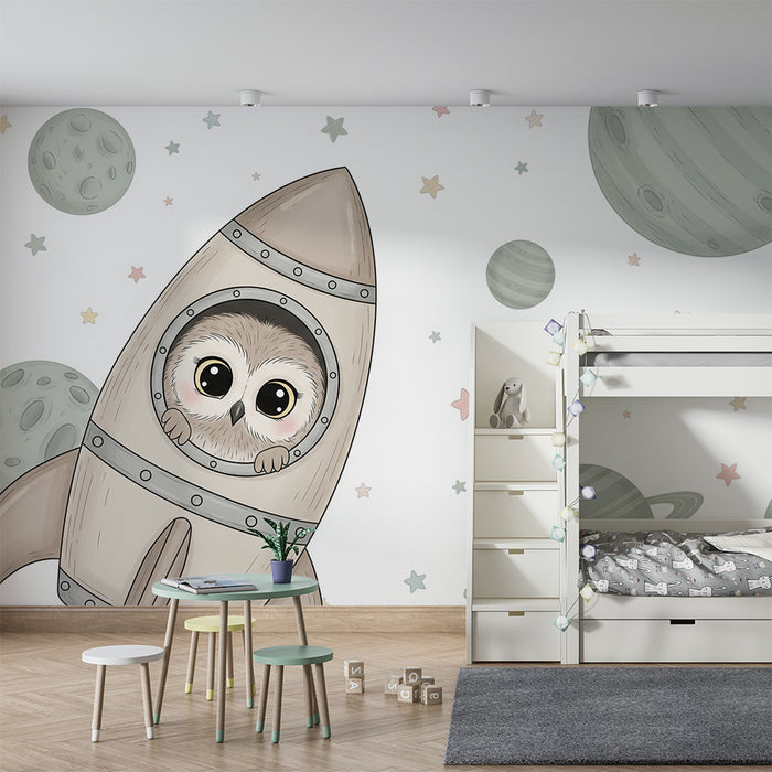 Nursery room wallpaper | Astronaut owl and starry universe