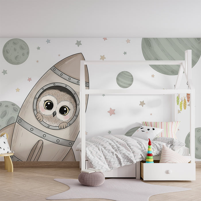 Nursery room wallpaper | Astronaut owl and starry universe